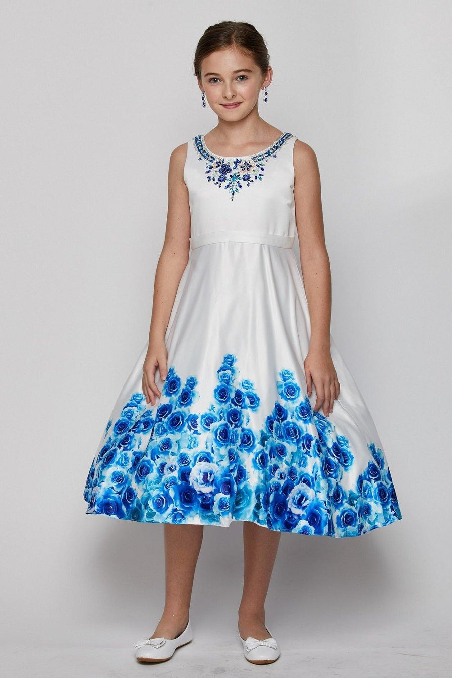 Sleeveless Rose Print Dress with Embellished Neckline Flower Girl - The Dress Outlet Cinderella Couture