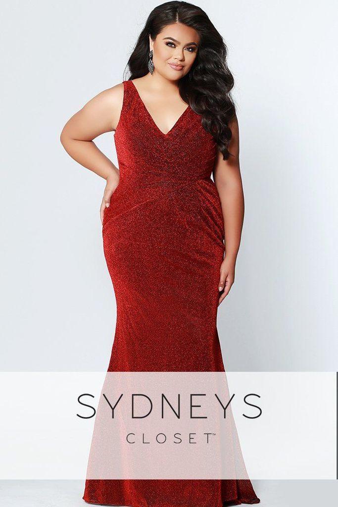 Sydneys Closet Long Shimmery Sleeveless V-Neck Plus Size Prom Dress - The Dress Outlet Sydneys Closet