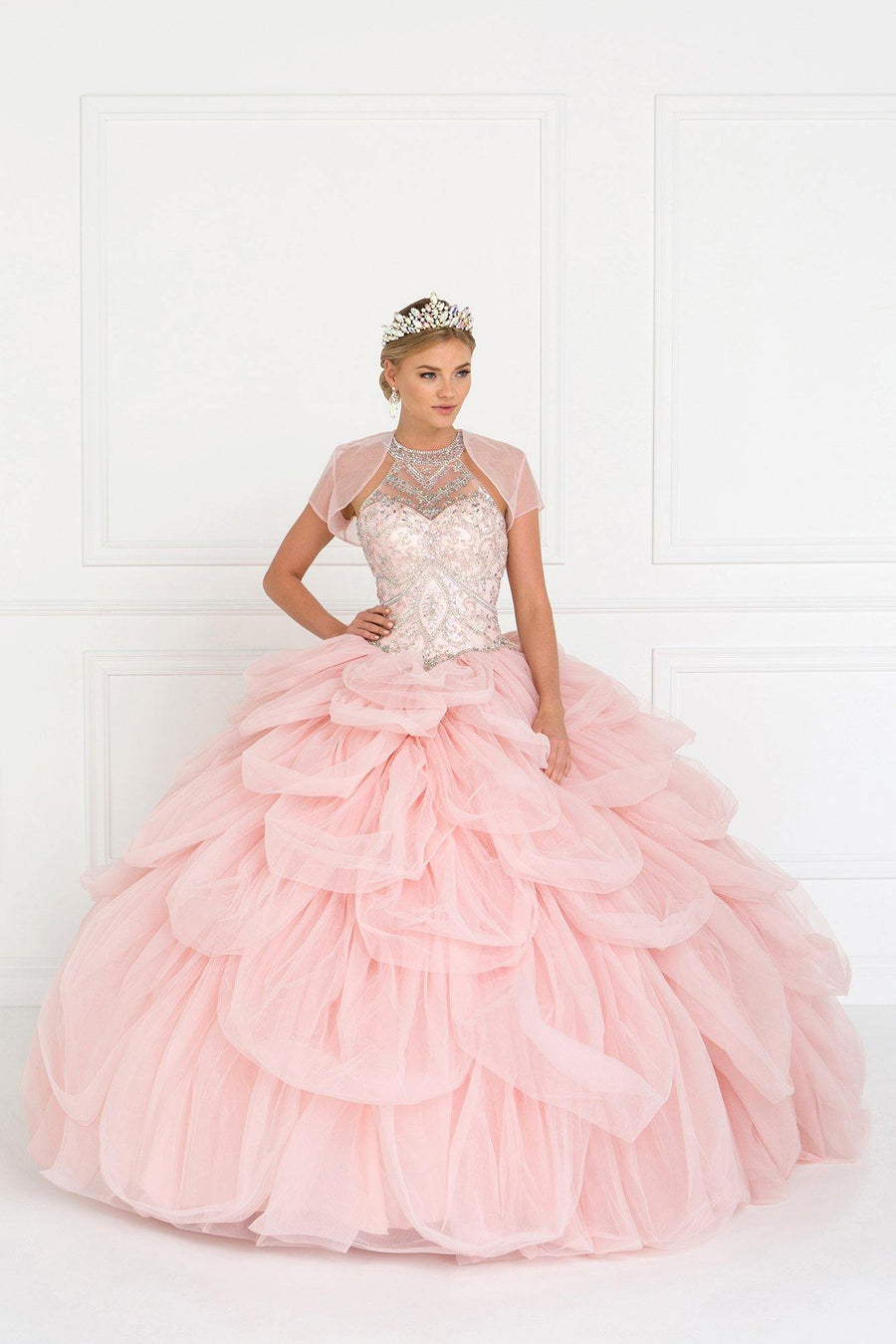 Tulle Halter Quinceanera Dress with Beads and Jewels - The Dress Outlet