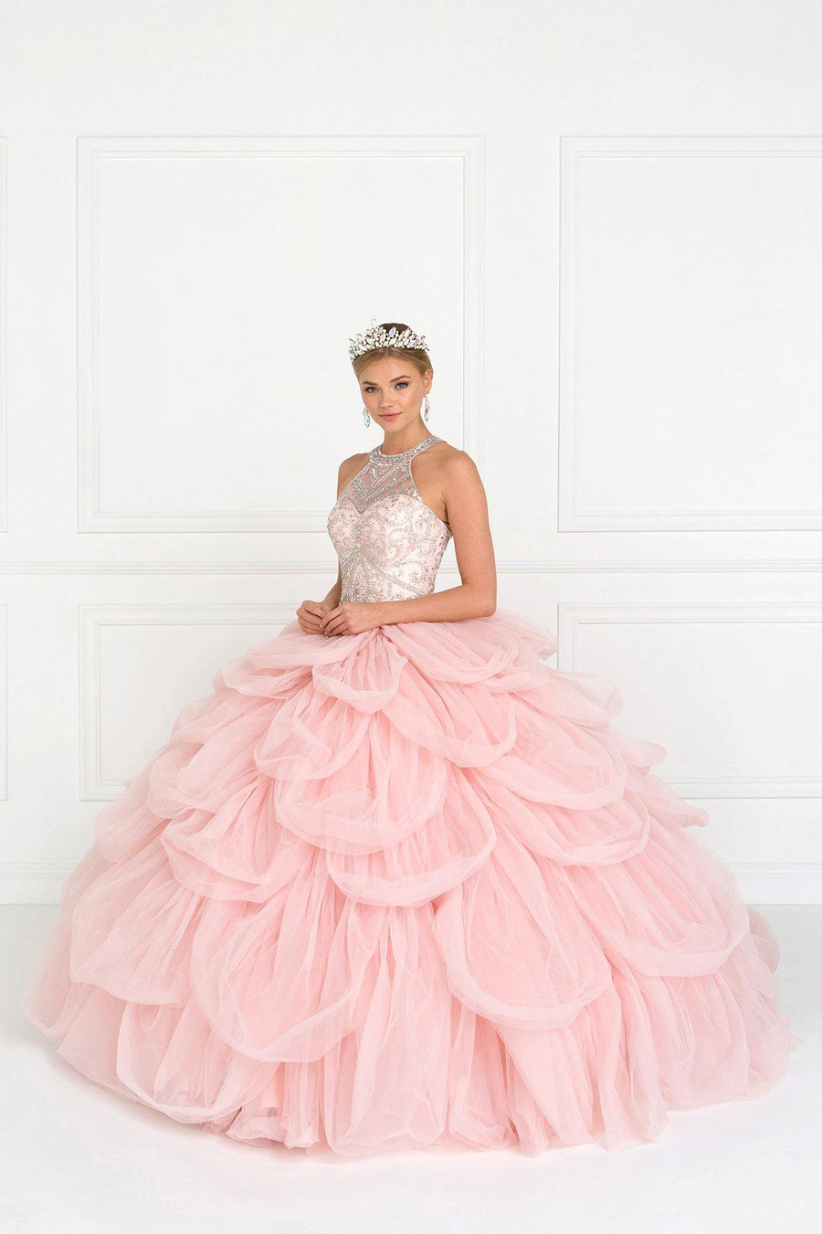 Tulle Halter Quinceanera Dress with Beads and Jewels - The Dress Outlet