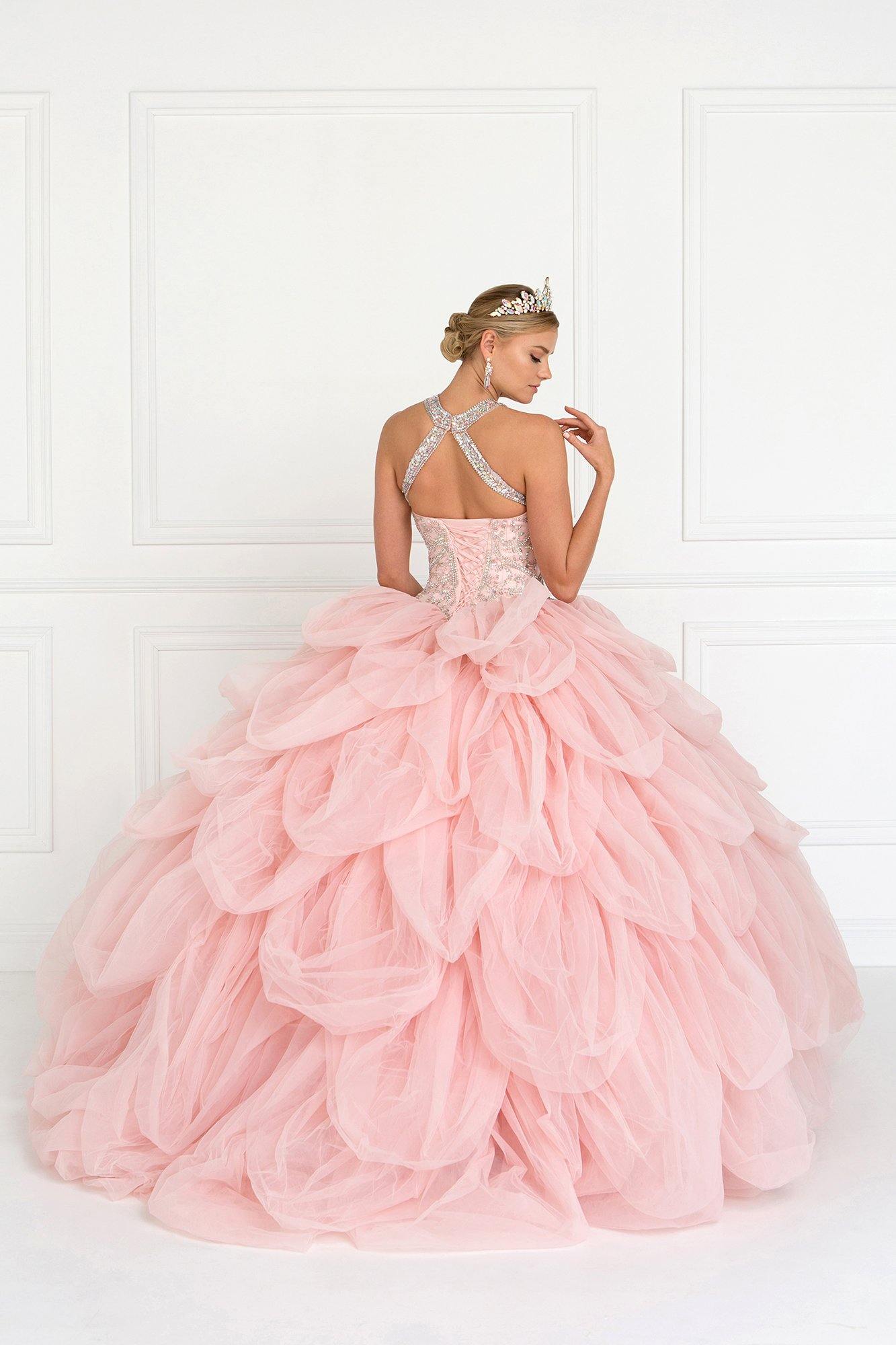 Tulle Halter Quinceanera Dress with Beads and Jewels - The Dress Outlet