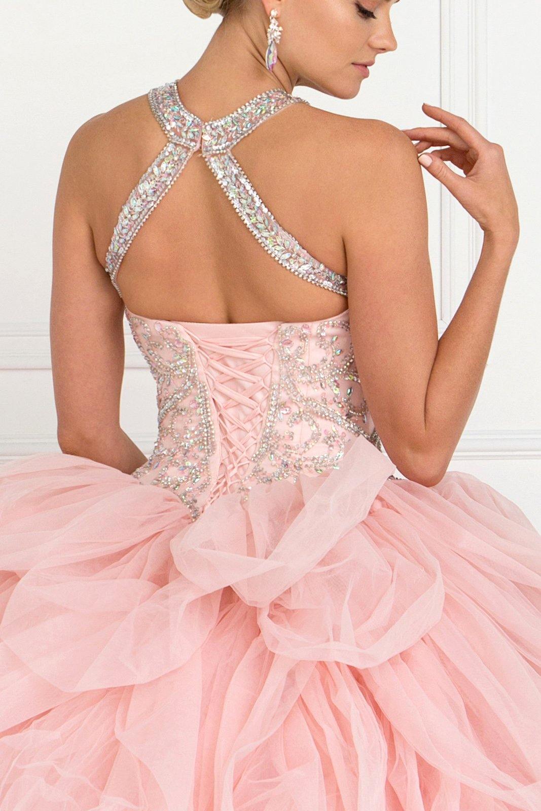 Tulle Halter Quinceanera Dress with Beads and Jewels - The Dress Outlet