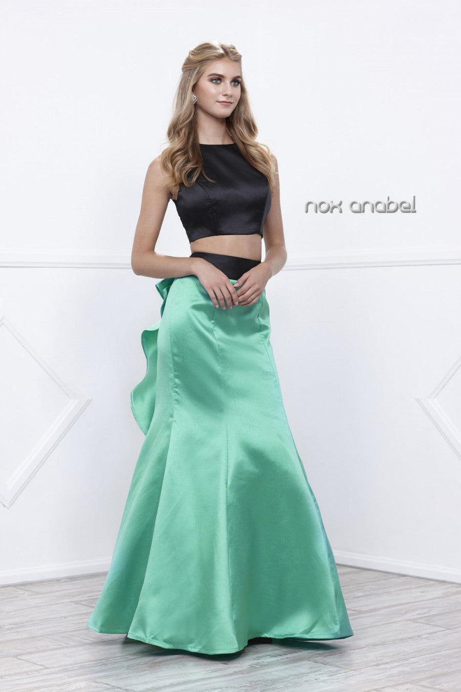 Two Piece High Neck Crop Top Prom Dress - The Dress Outlet