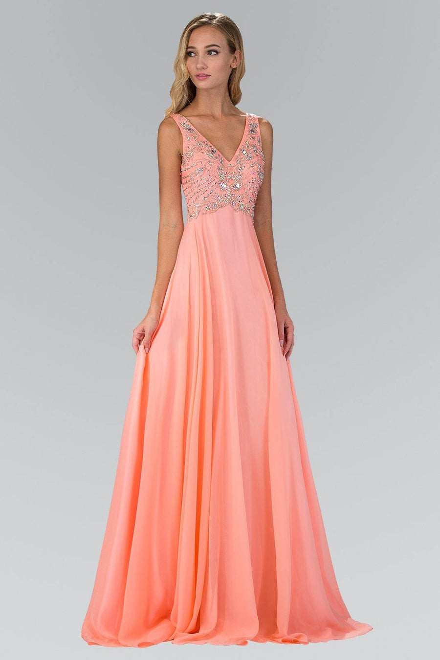 V Neck and Back Chiffon Long Prom Dress - The Dress Outlet