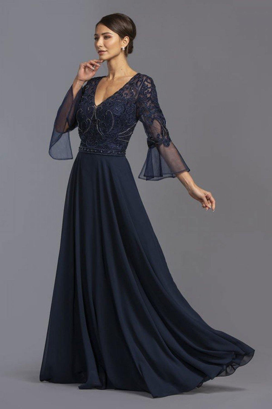 V-Neck Bell Sleeves Long Formal Dress Navy Blue - The Dress Outlet