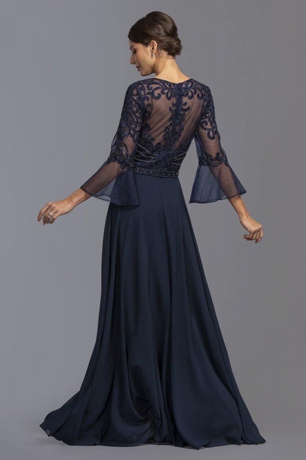 V-Neck Bell Sleeves Long Formal Dress Navy Blue - The Dress Outlet