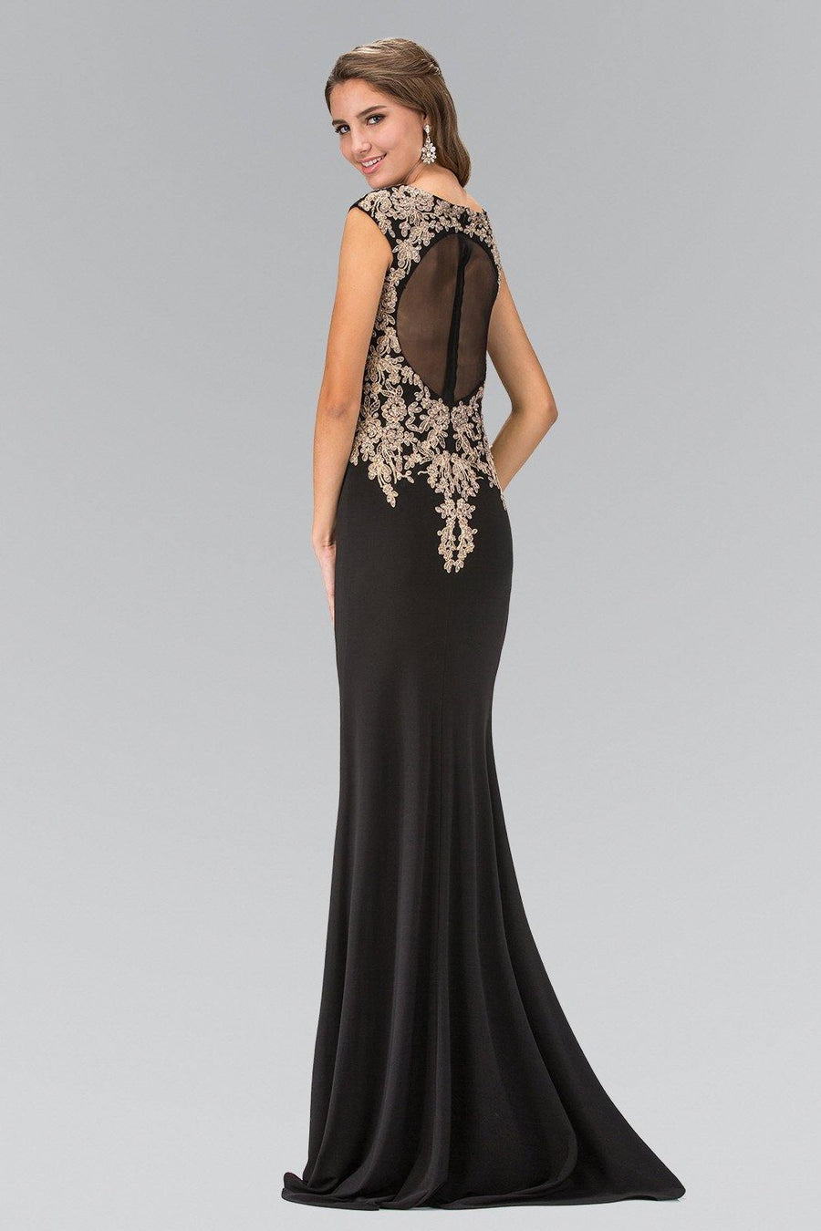 V-Neck Sheer Back Long Fitted Prom Dress - The Dress Outlet