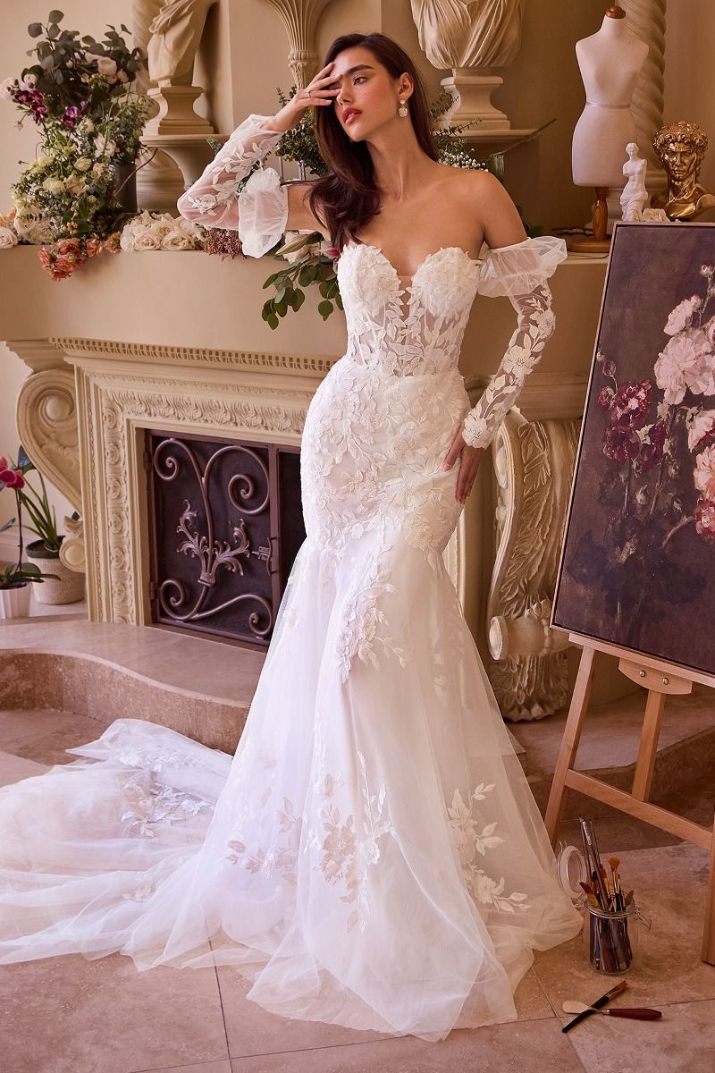 Wedding Dresses Floral Fitted Long Wedding Dress Off White Nude