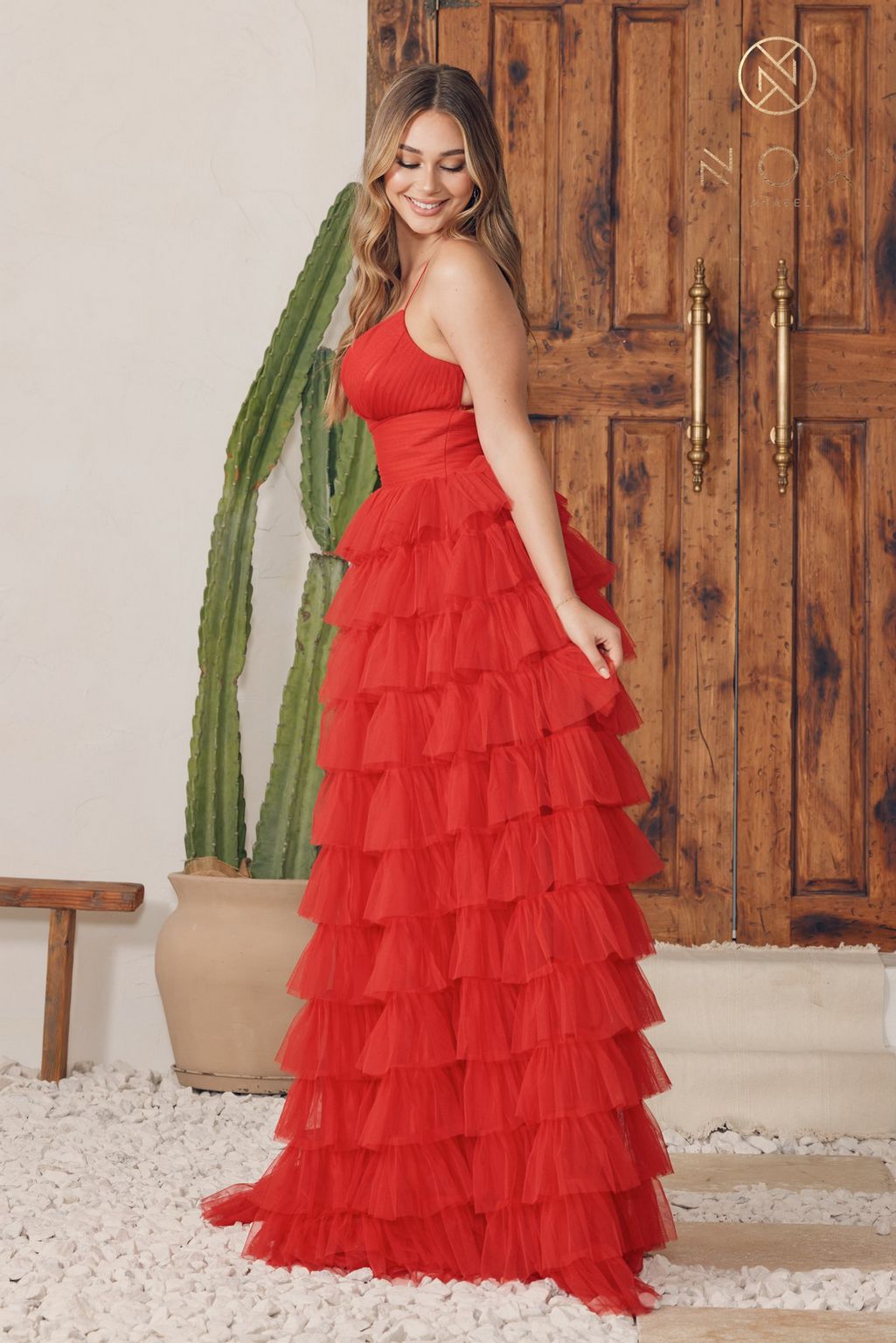 Prom Dresses Long Spaghetti Strap Ruffled Tulle Prom Dress Red