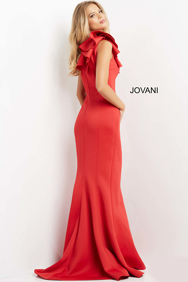 Formal Dresses One Shoulder Ruffle Trim High Slit Formal Dress Red