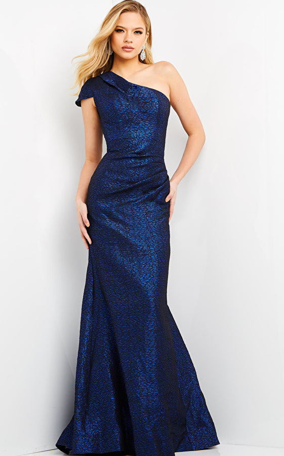 Formal Dresses One Shoulder Metallic Long Formal Dress Cobalt