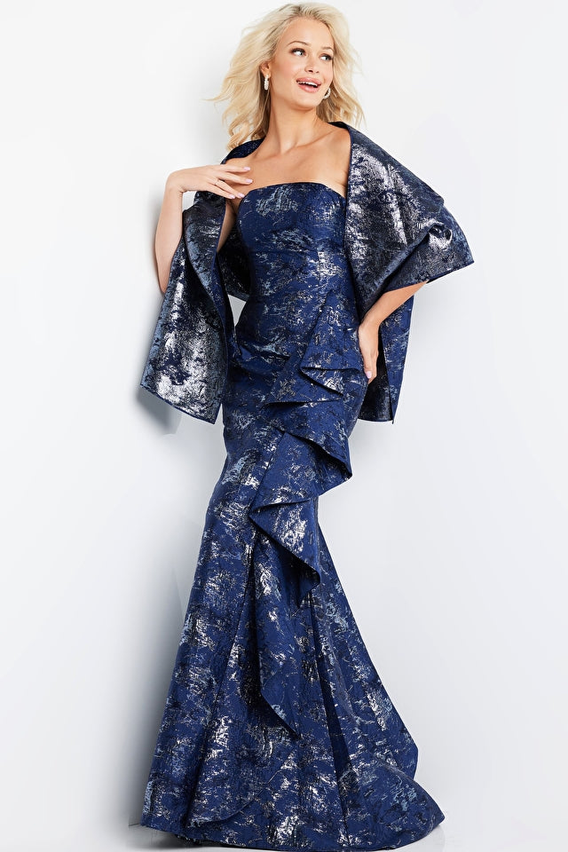 Mother of the Bride Dresses Mother of the Bride Ruffle Skirt Strapless Shawl Dress Navy