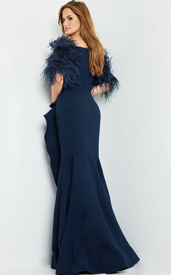 Mother of the Bride Dresses Mother of the Bride Short Feather Sleeve Side Drape Dress Navy