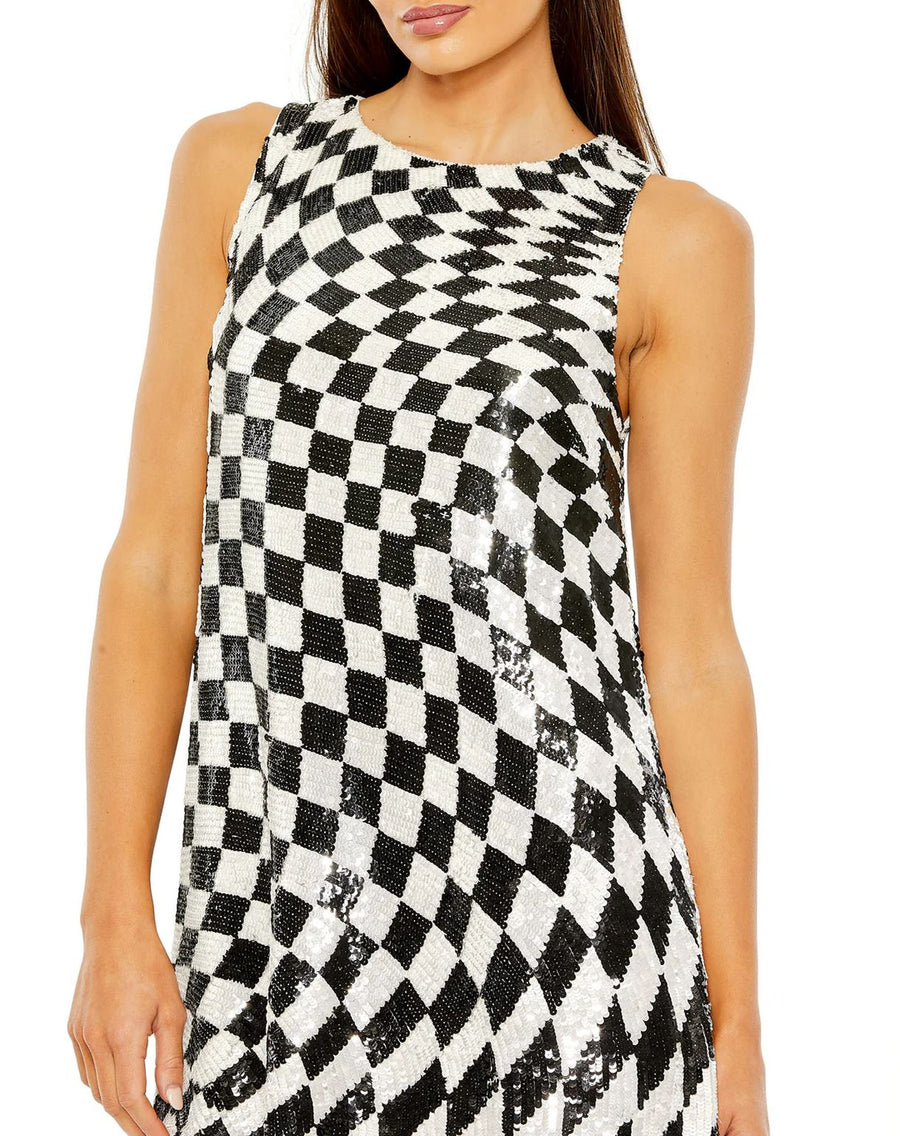 Cocktail Dresses Sleeveless A Line Sequin Checkered Short Dress Black White