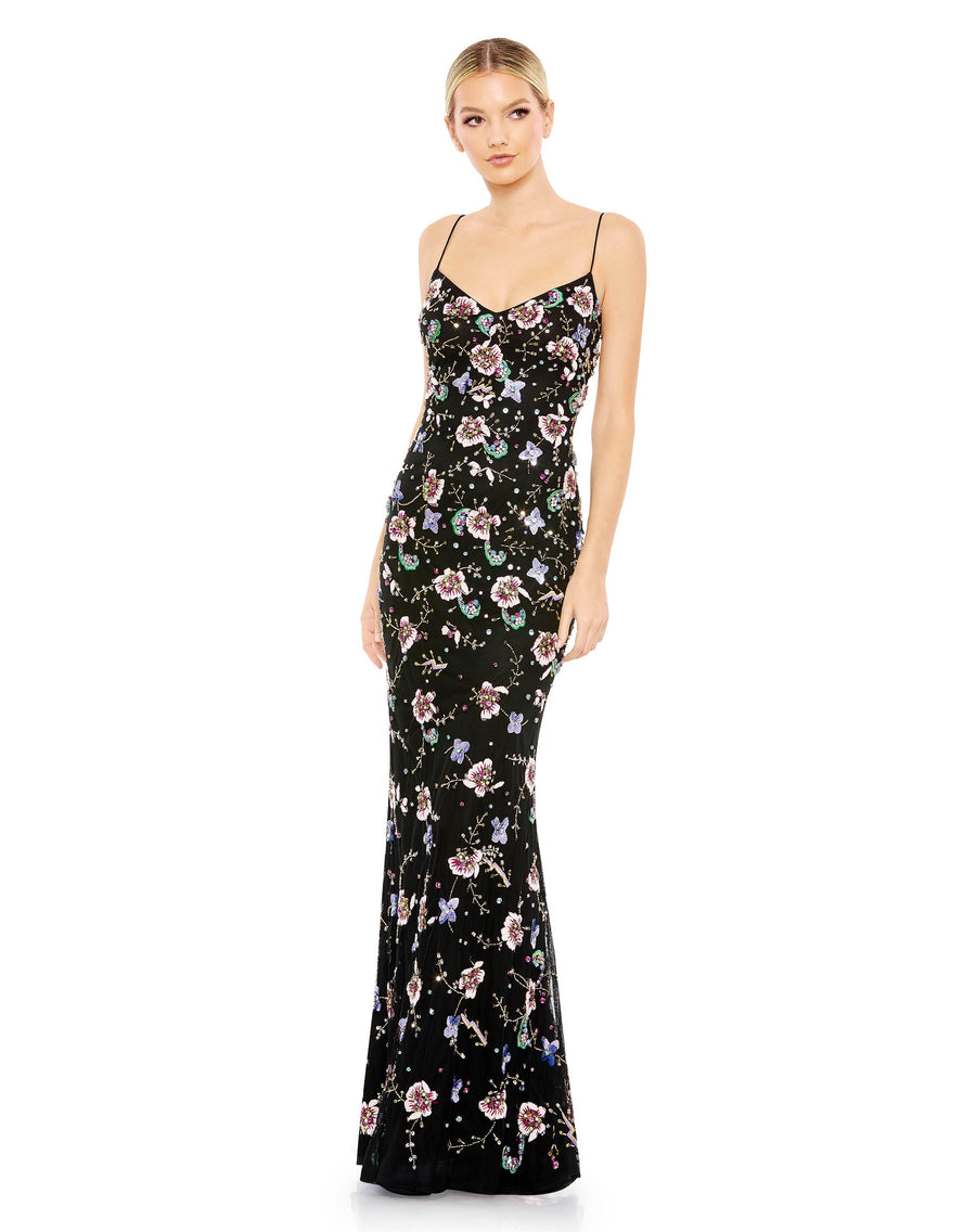 Mac Duggal 10890 Spaghetti Strap Long Formal Floral Dress