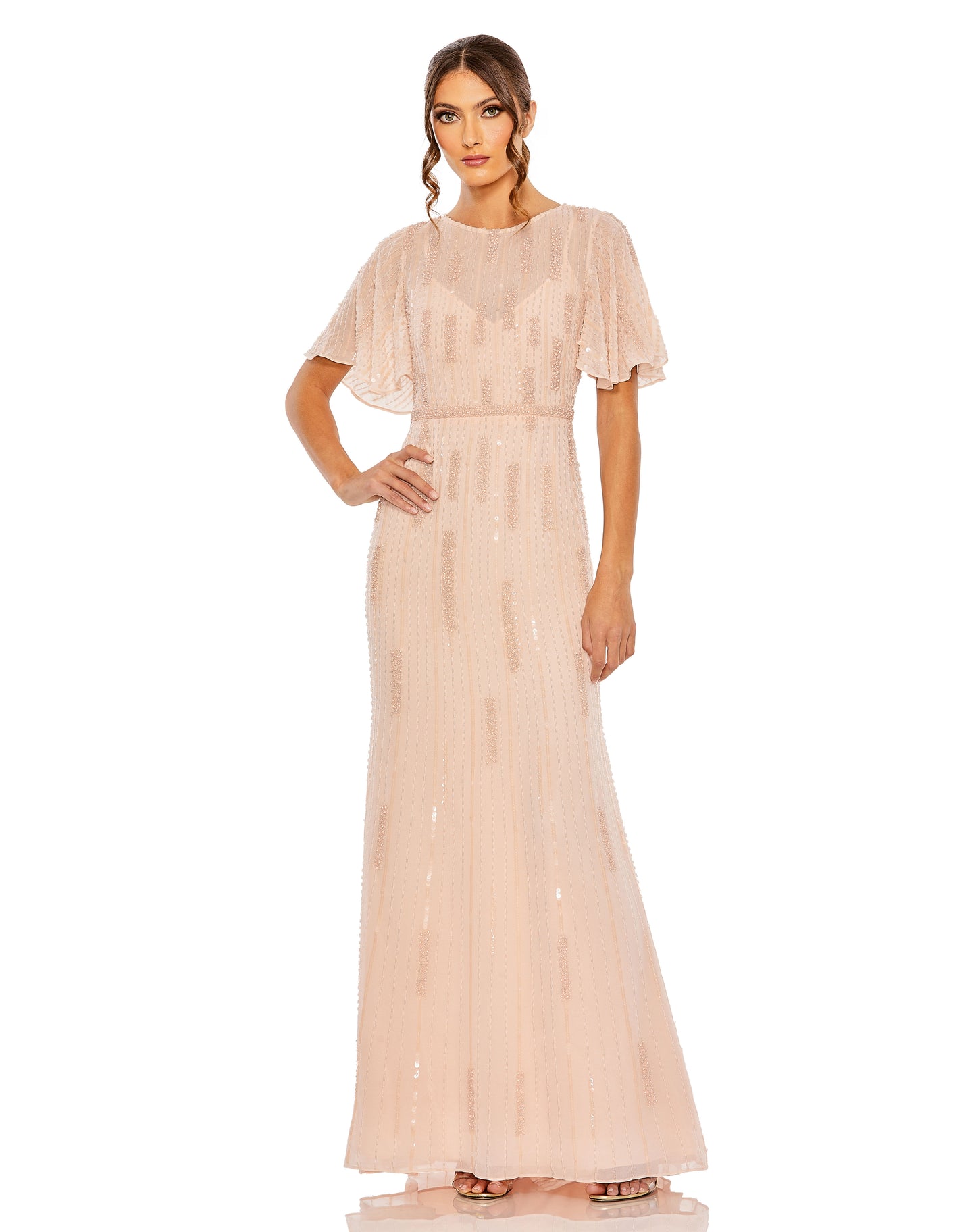 Formal Dresses A Line Formal Beaded Flutter Sleeve Evening Gown Rose