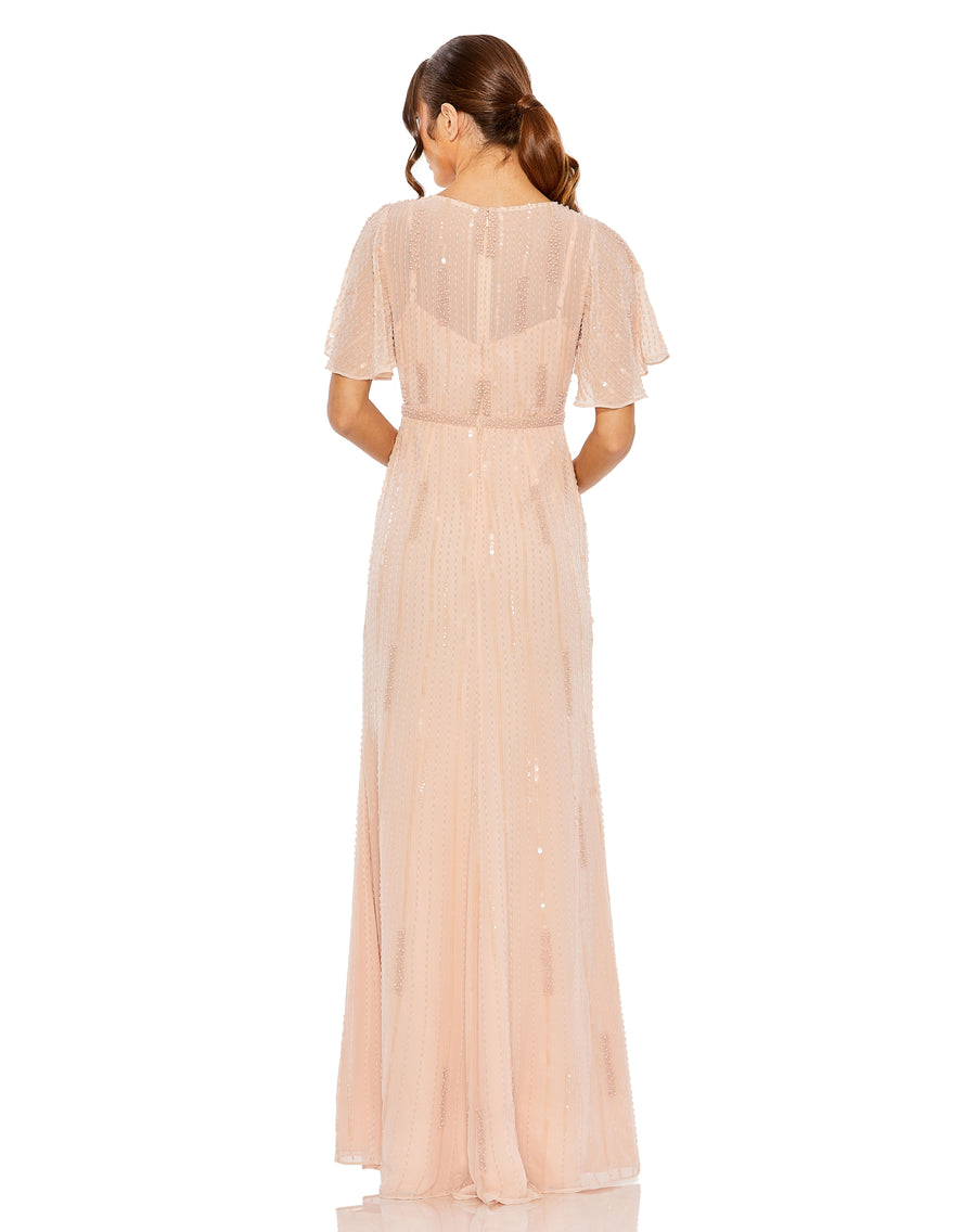 Formal Dresses A Line Formal Beaded Flutter Sleeve Evening Gown Rose