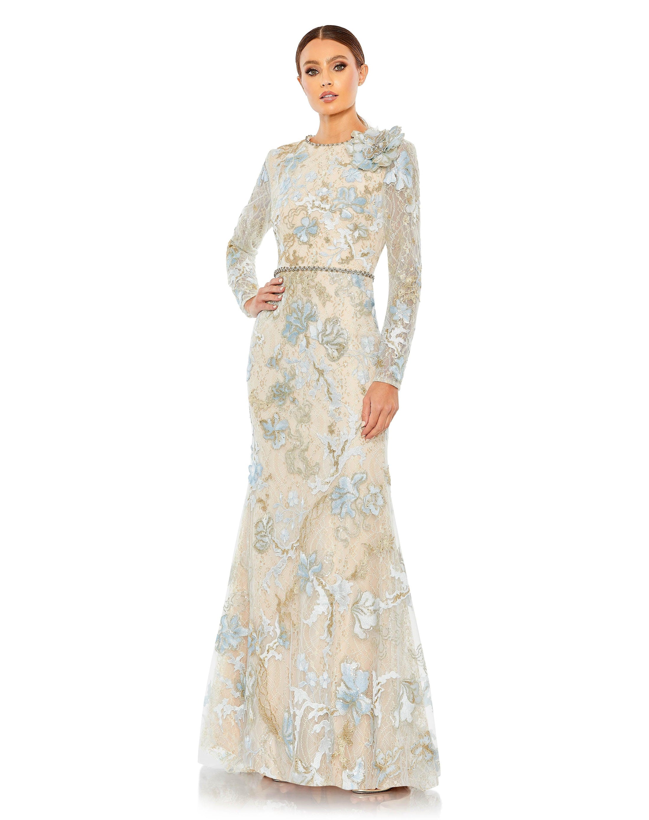 Ice Blue Mac Duggal 11174 Long Sleeve Floral Lace Formal Gown for $798. ...