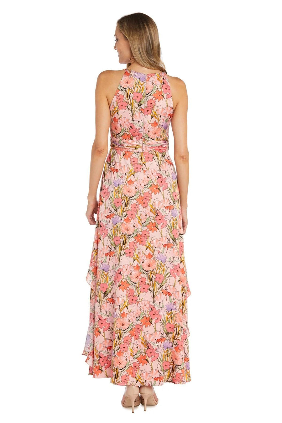 Formal Dresses Long Halter Floral Ruffle Maxi Dress Coral/Lavender