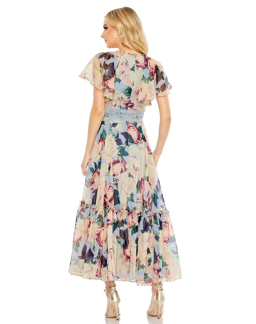 Formal Dresses Floral Print Tea Length Formal Dress Blue Multi