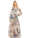 Formal Dresses Long Sleeve Formal Floral Print Dress Blue Multi