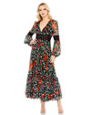 Formal Dresses Floral Print Formal Chiffon Tea Length Dress Black Multi