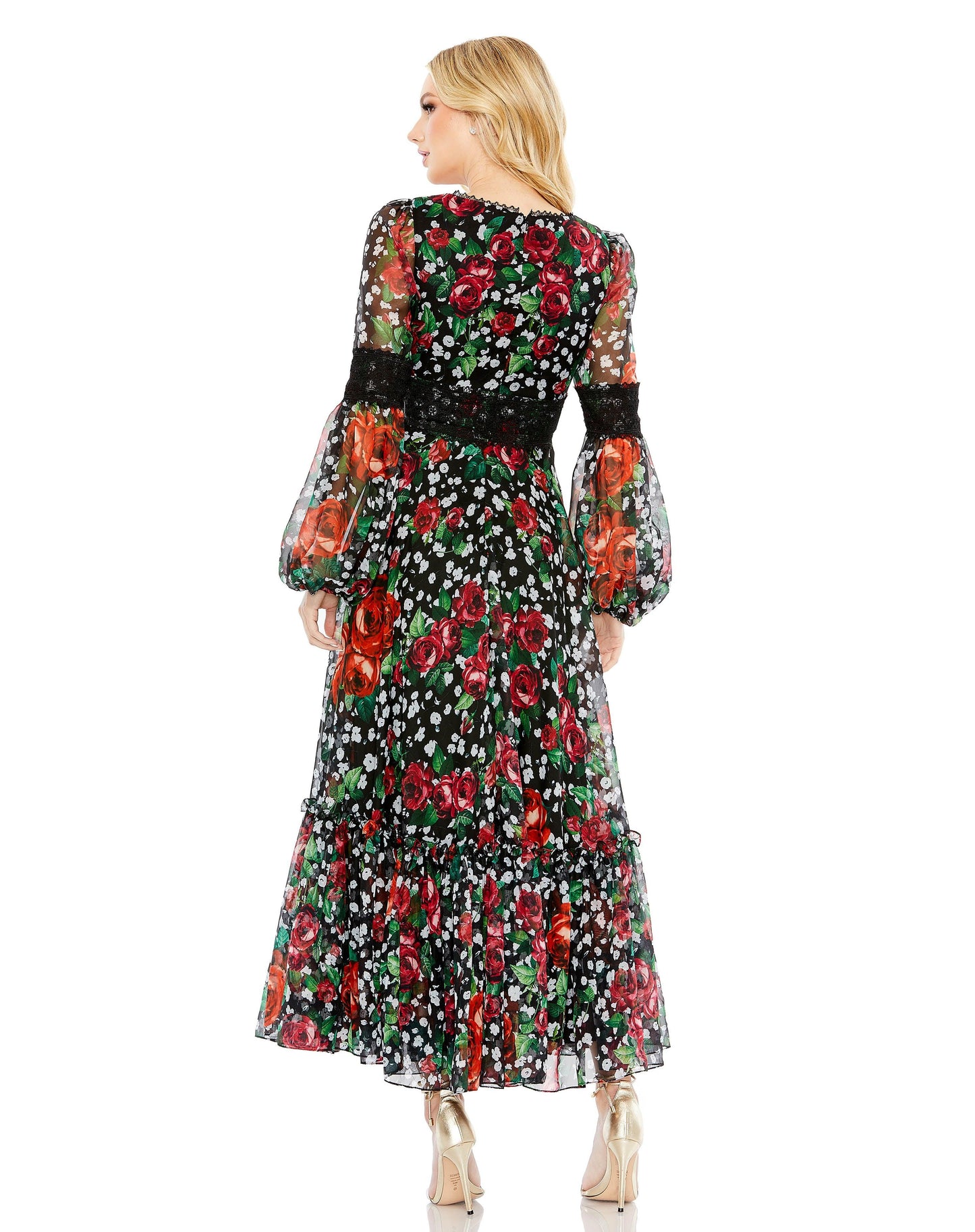 Formal Dresses Floral Print Formal Chiffon Tea Length Dress Black Multi