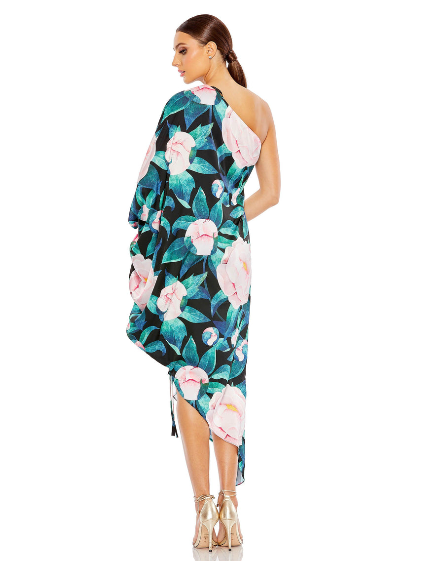 Cocktai Dresses High Low One Shoulder Floral Cocktail Dress Black Multi