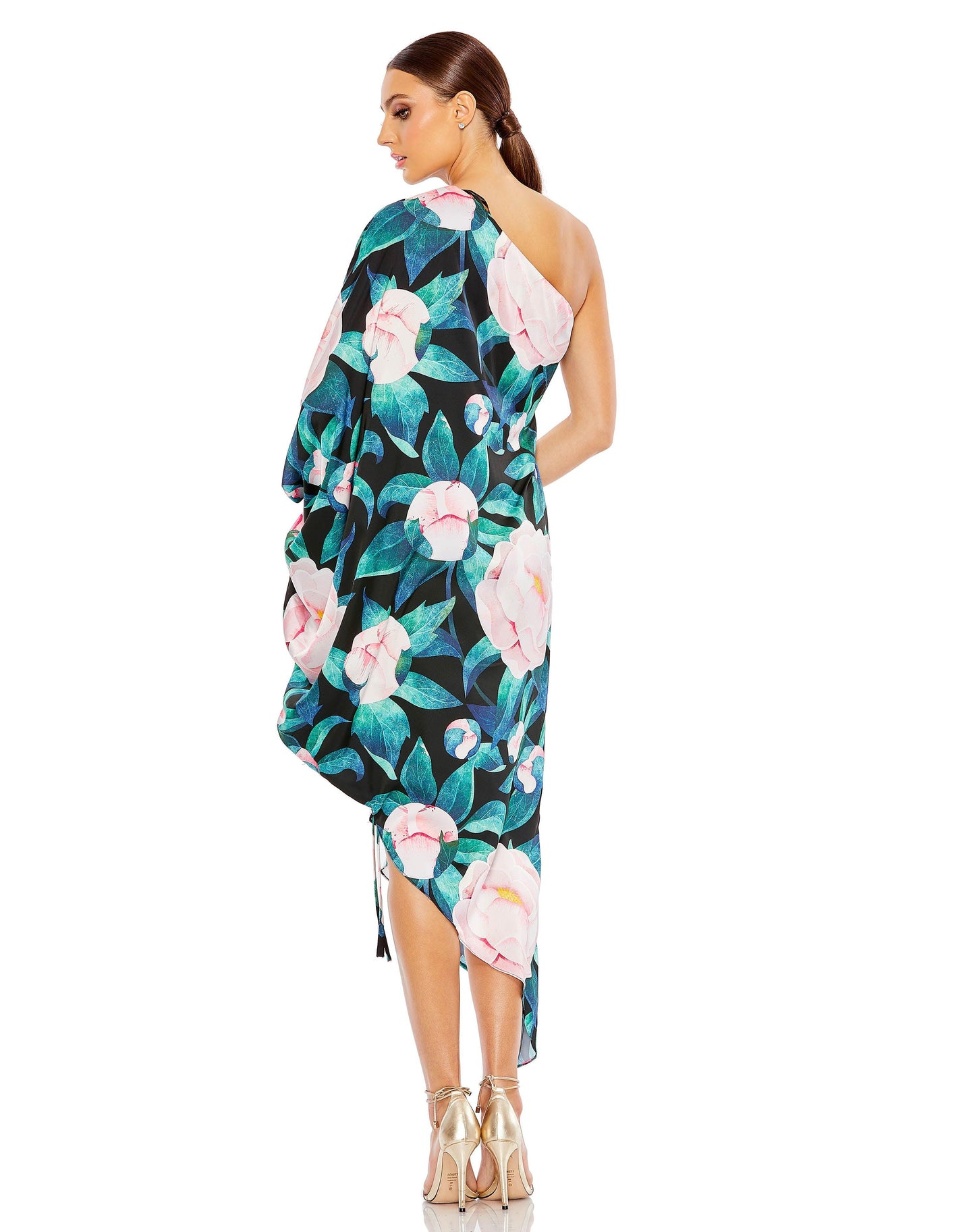 Cocktai Dresses High Low One Shoulder Floral Cocktail Dress Black Multi