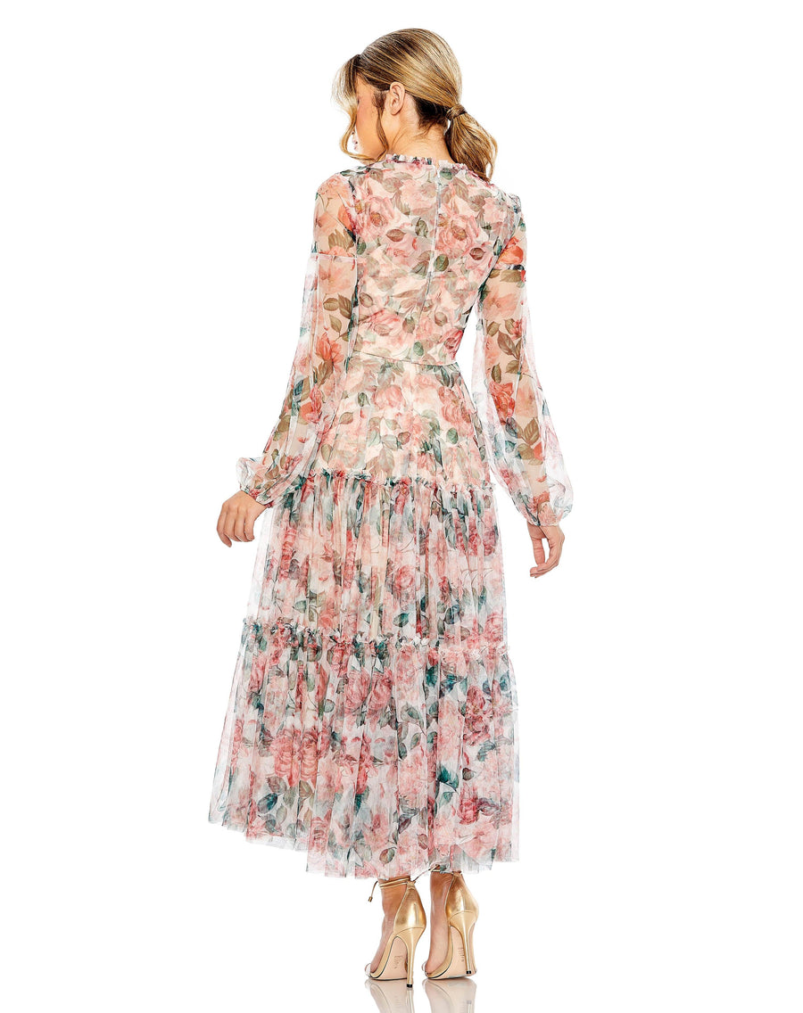 Formal Dresses Long Sleeve Formal Floral Print Midi Dress White Multi