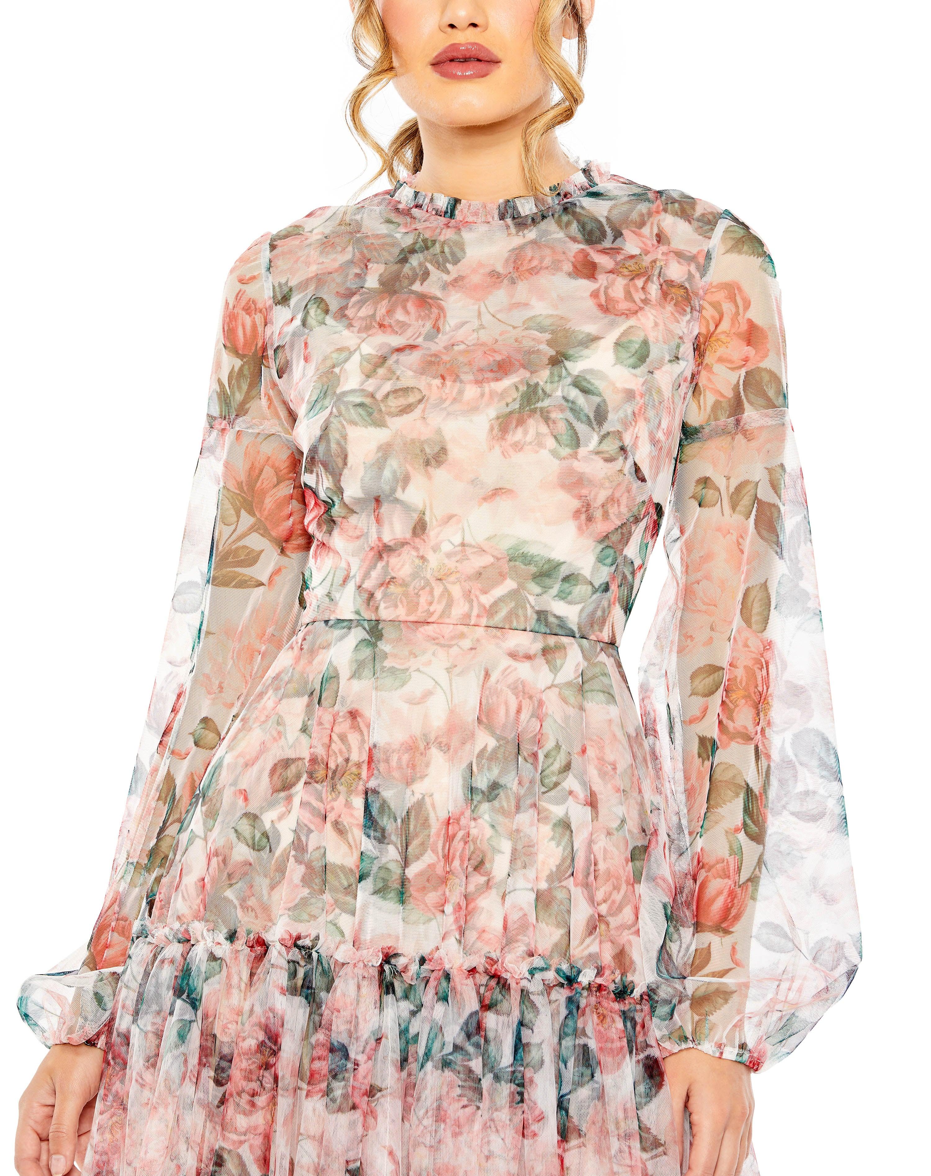 White Multi Mac Duggal 11405 Long Sleeve Formal Floral Print Midi Dress for  $598.0 – The Dress Outlet