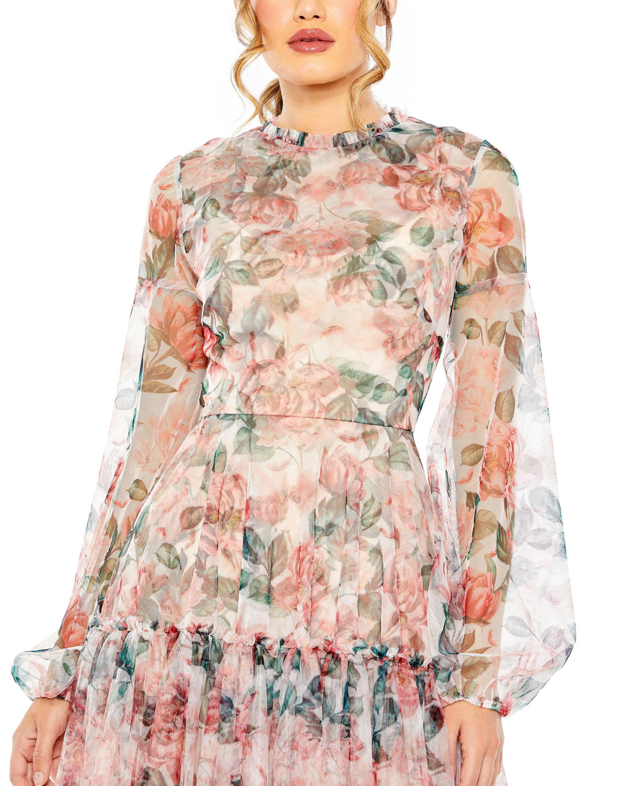 Formal Dresses Long Sleeve Formal Floral Print Midi Dress White Multi