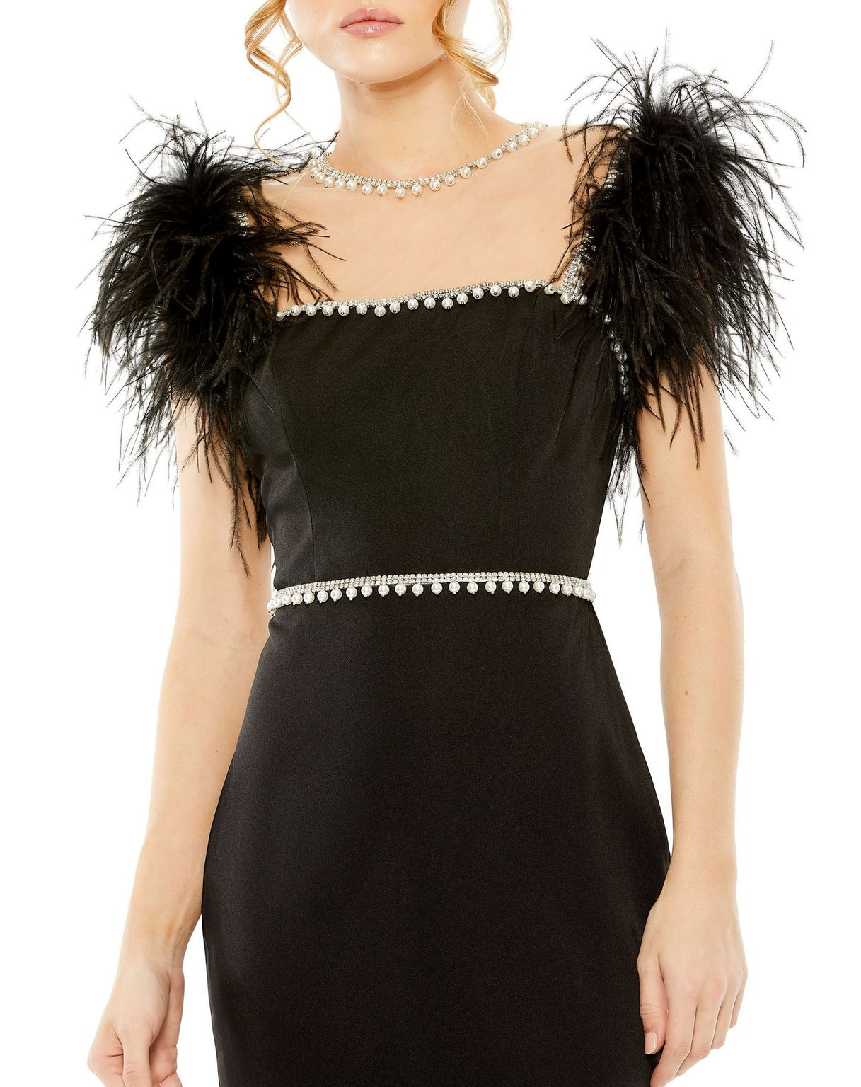 Formal Dresses Feather Cap Sleeve Pearl Embellished Tea Length Fit Dress Black