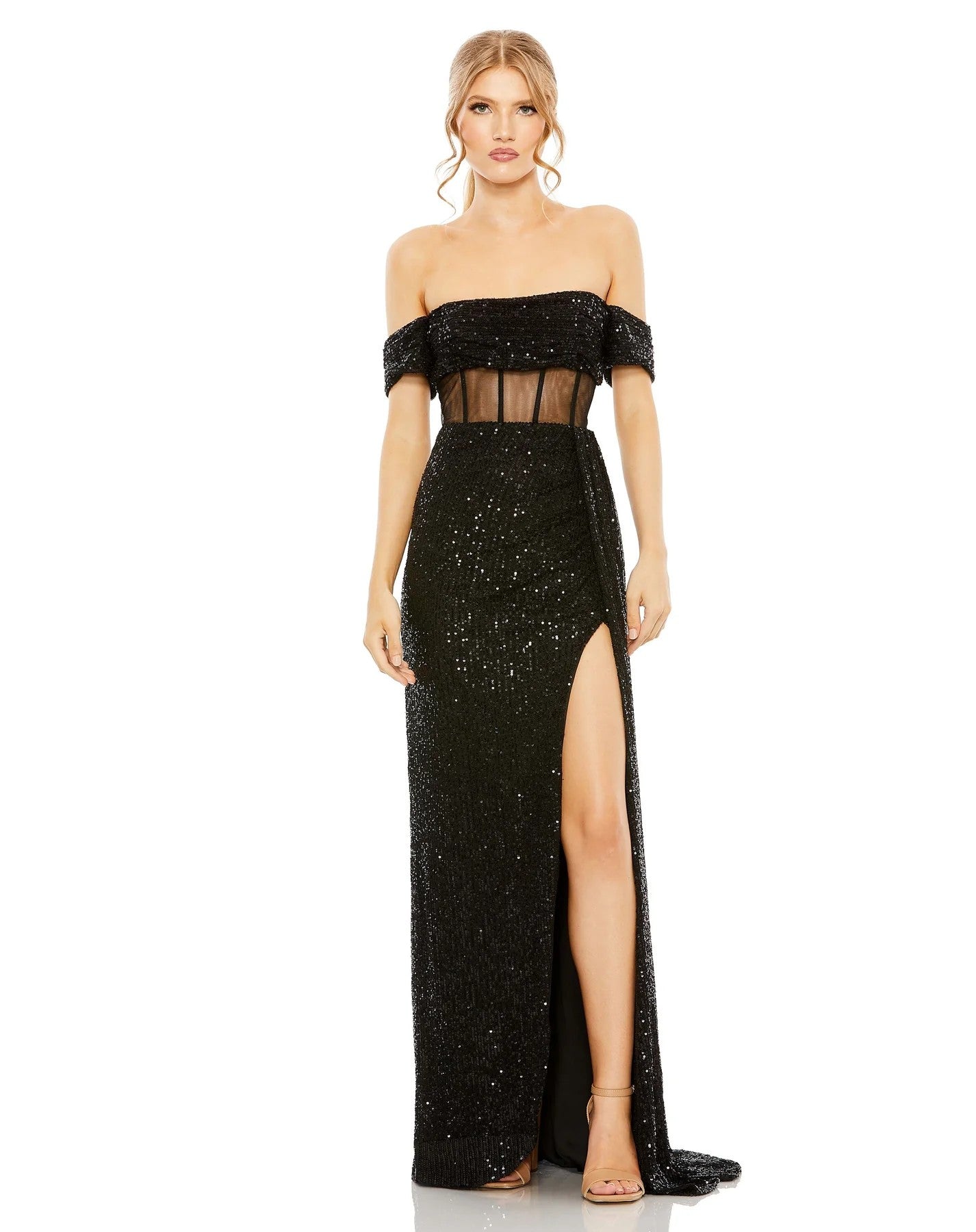 Formal Dresses Long Sequined Sheer Corset Waist Slit Dress Black