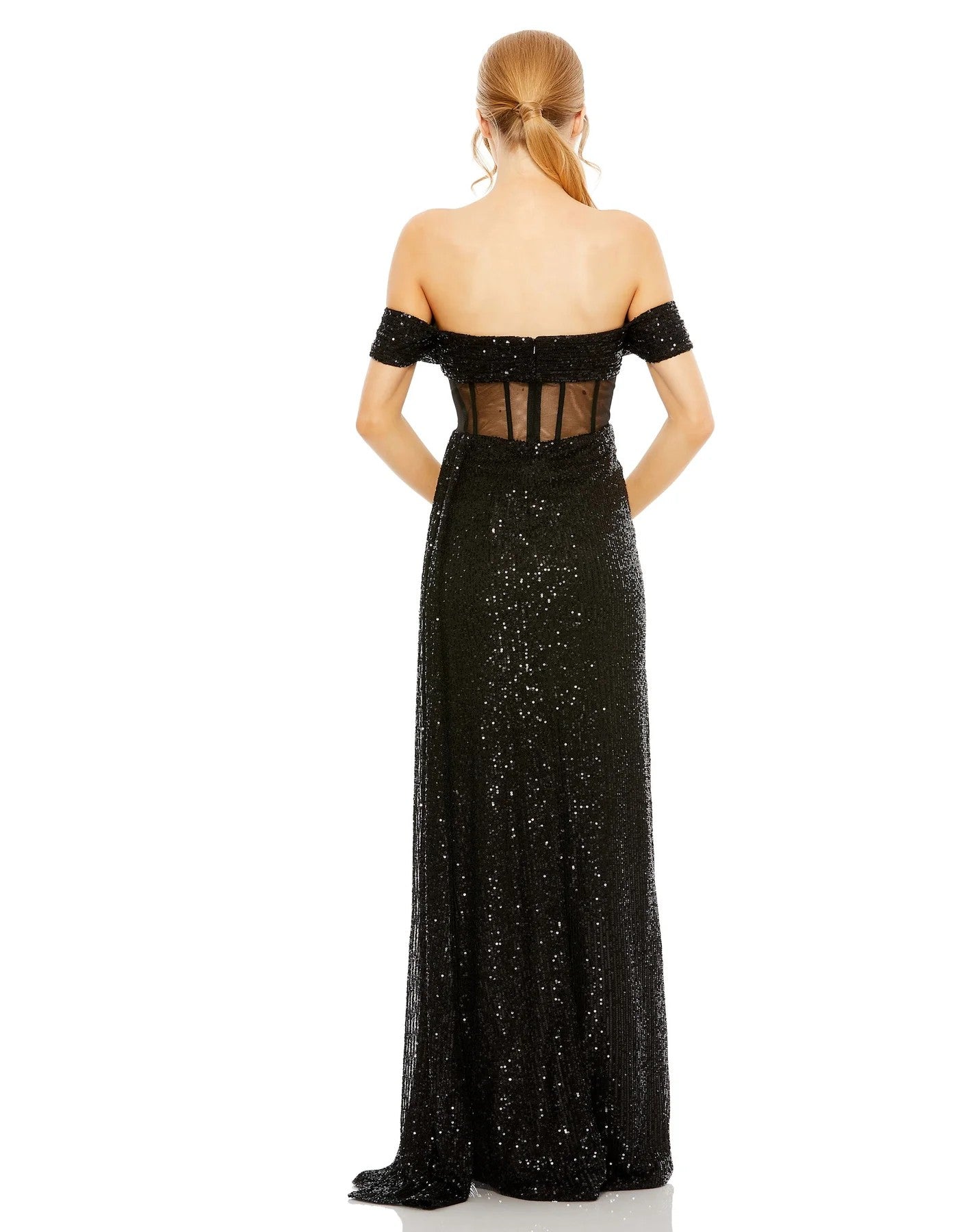 Formal Dresses Long Sequined Sheer Corset Waist Slit Dress Black