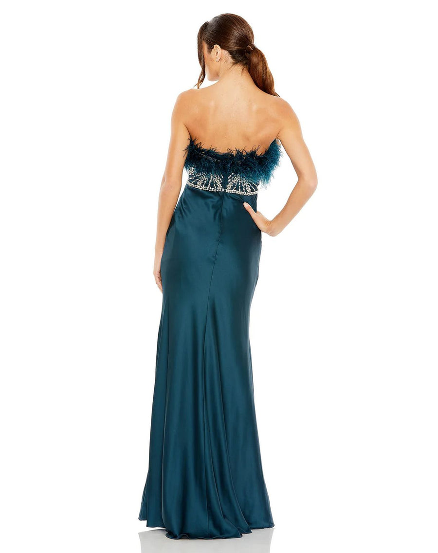 Formal Dresses Long Strapless Feather Rhinestone Detailed Dress Teal