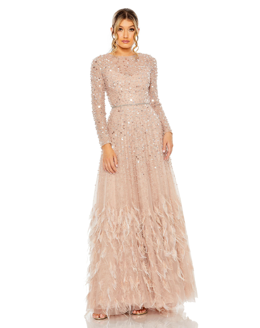 Formal Dresses Long Sleeve Formal Beaded Fringe Evening Gown  Dusty Rose