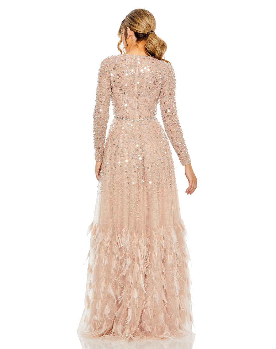 Formal Dresses Long Sleeve Formal Beaded Fringe Evening Gown  Dusty Rose