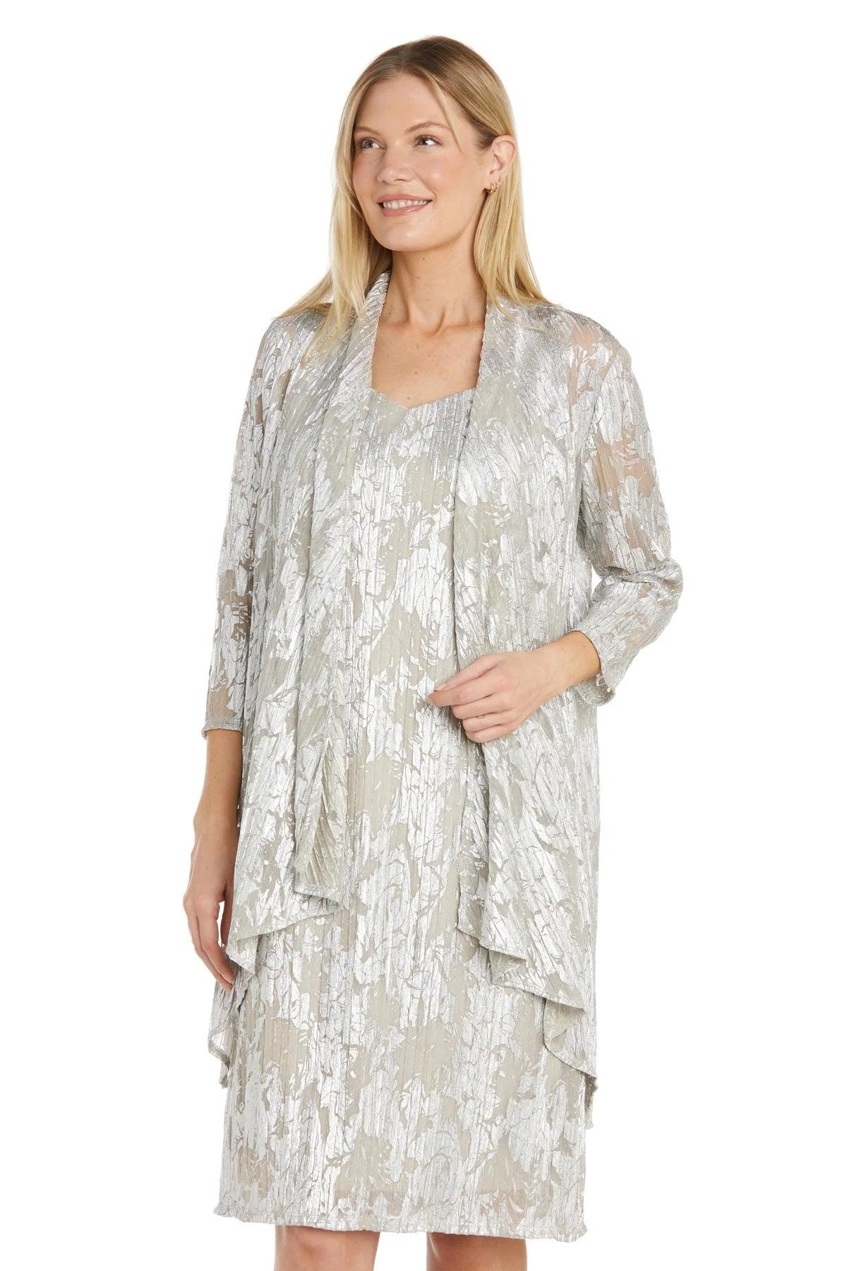 Mother of the Bride Dresses Short Petite Metallic Printed Jacket Dress Champagne/Silver