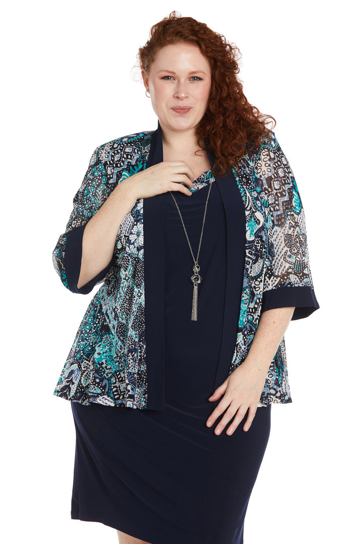 Plus Size Dresses Short Printed Mother of the Bride Jacket Dress Navy/Teal