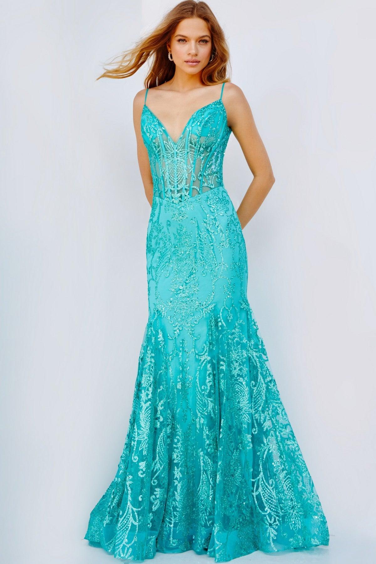 Prom Dresses Long Spaghetti Strap Lace Mermaid Prom Gown Aqua