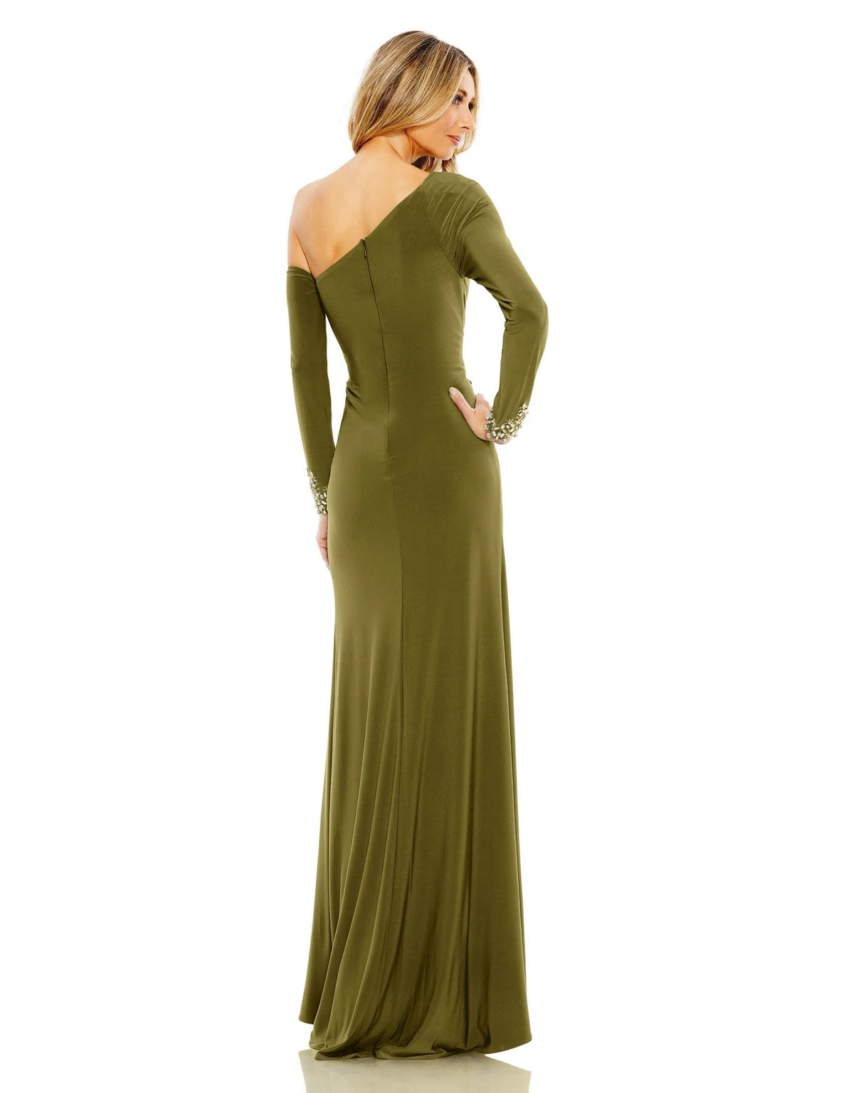 Formal Dresses Long Side Twist Drop Shoulder Beaded Cuff Dress Olive