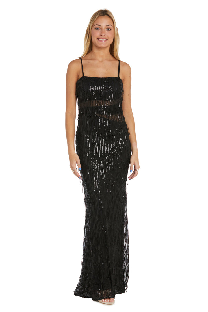 Prom Dresses Fitted Sequin Fringe Formal Prom Long Dress Black