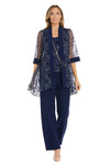 Pant Suit Mother of the Bride Metallic Flower Jacket Pant Suit Navy/Silver