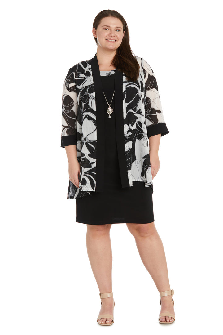 Plus Size Dresses Plus Size Mother of the Bride Floral Pattered Jacket Dress Black/White