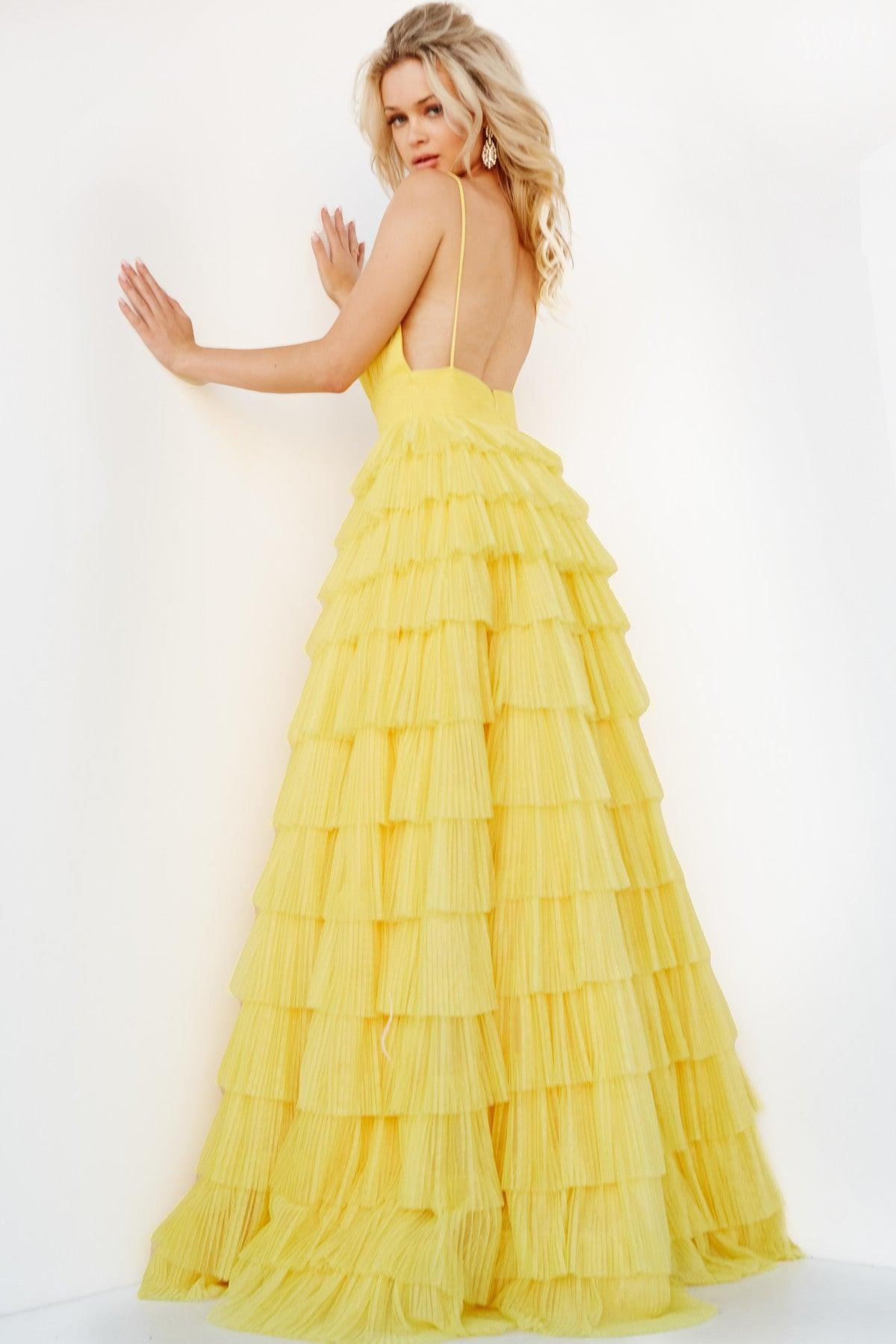 Prom Dresses Long Tiered Skirt Prom Ball Gown Yellow