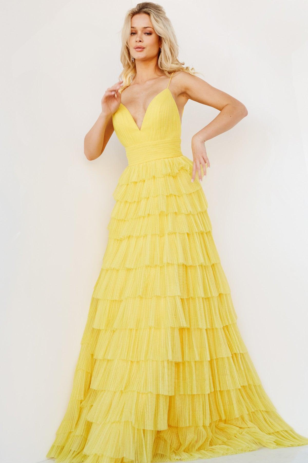 Prom Dresses Long Tiered Skirt Prom Ball Gown Yellow