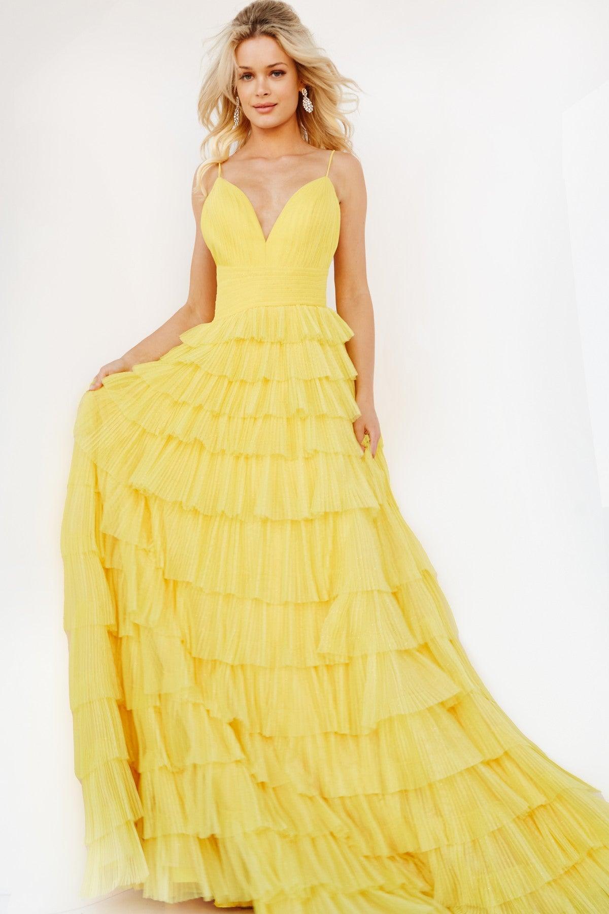 Prom Dresses Long Tiered Skirt Prom Ball Gown Yellow