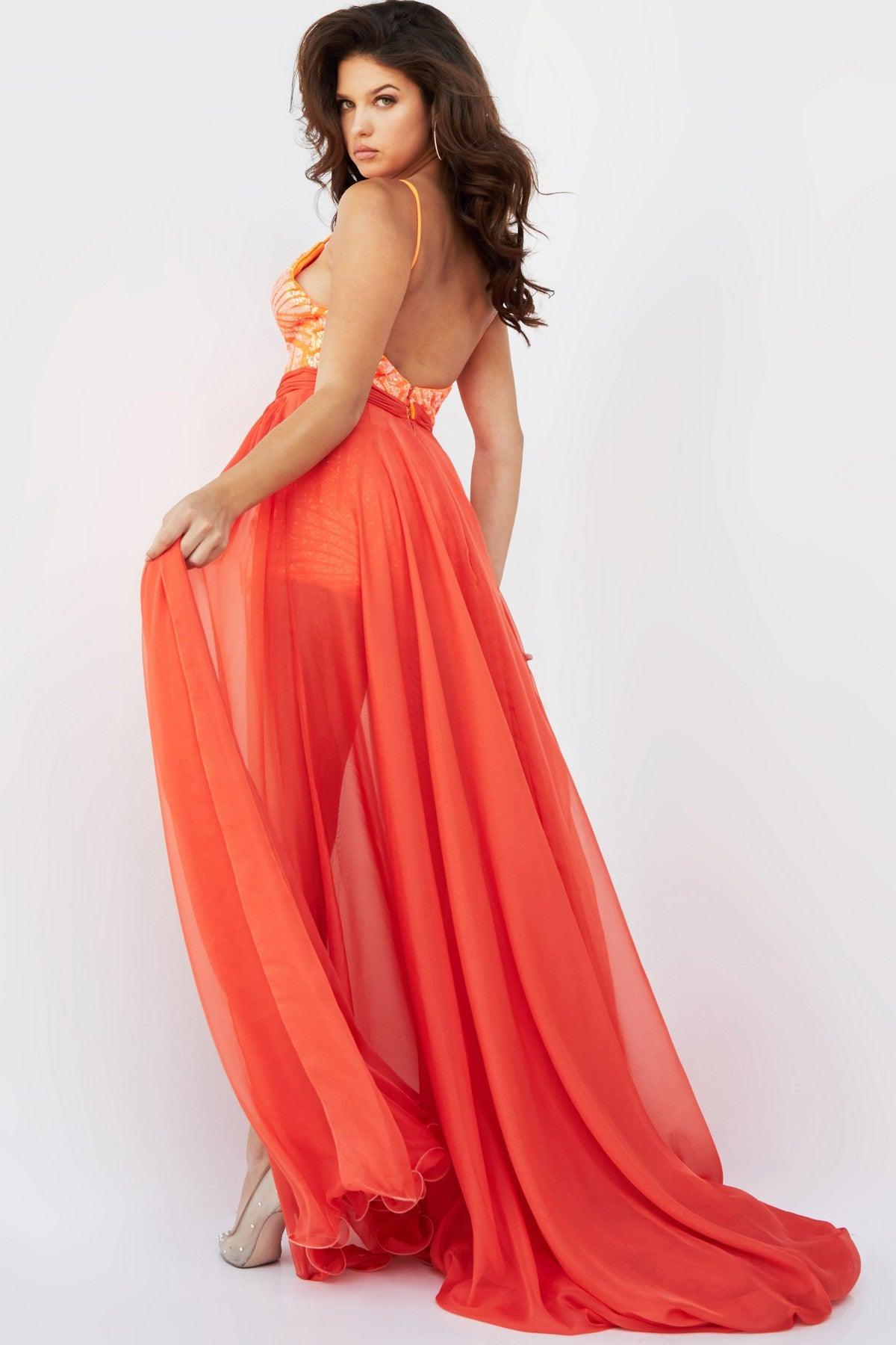 Jumpsuit Long Overskirt Sequin Prom Romper Neon Orange