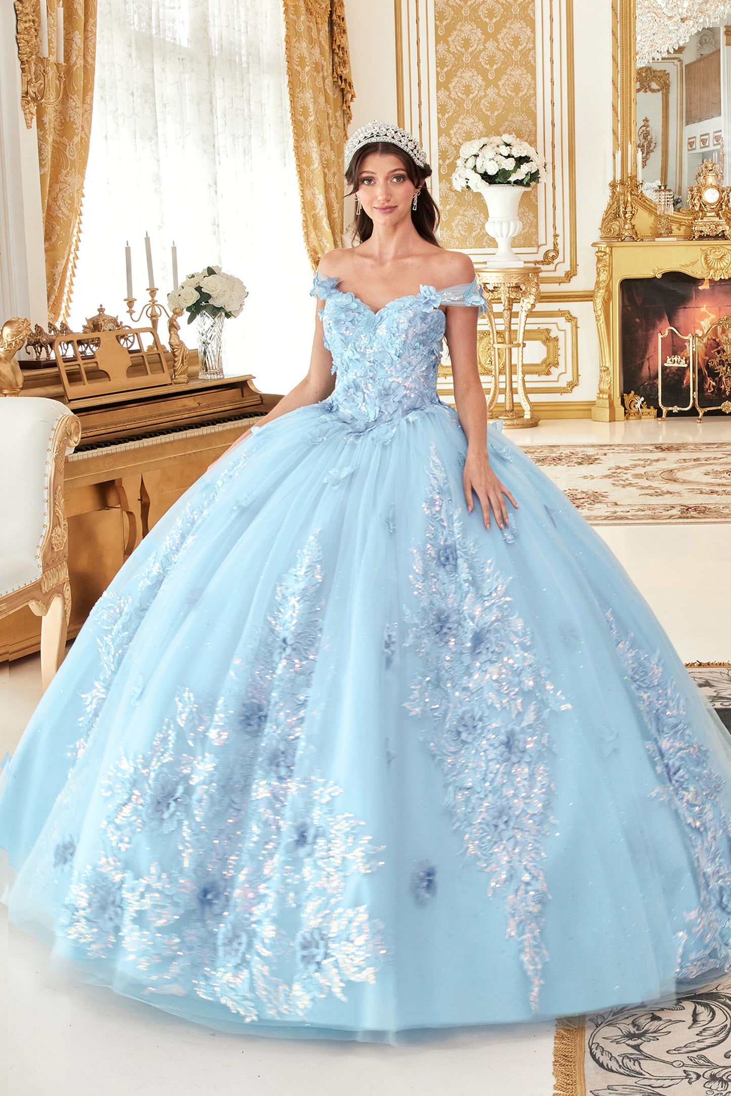 Quinceniera Dresses Long Quinceanera Off Shoulder Floral Applique Ball Gown Lt Blue